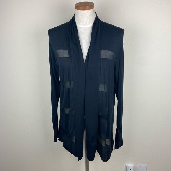 Lafayette 148 Silk-Blend Open-Front Striped Cardigan Sweater - Black - Picture 1 of 6